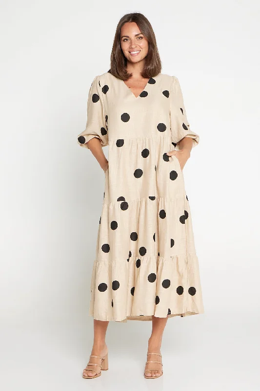 Stylish Outerwear Clothes For Women Eleanor Linen Dress - Beige/Black Spot