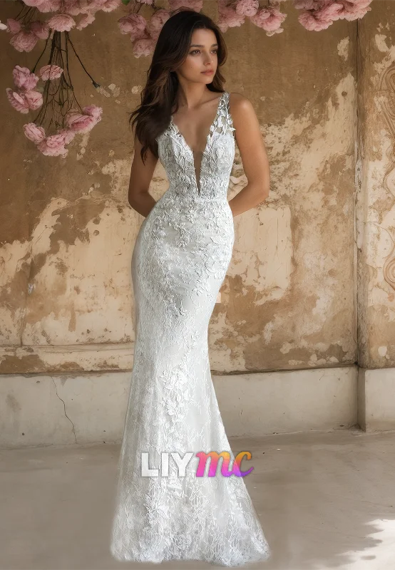 Affordable Women's Clothing V-Neck Straps Appliques Mermaid Elegant Wedding Dress