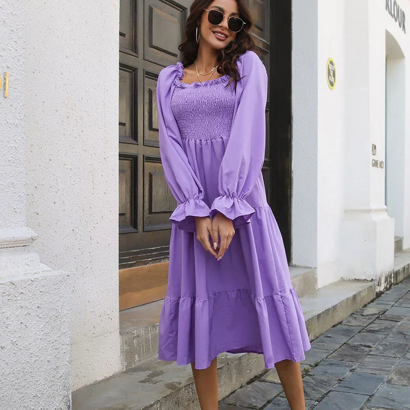 Women's Chic Outerwear Garments YEMOGGY Elegant Women's Cabled Fall Solid Ruffles Full Flare Sleeve Square Neck Layered Swing A-line Midi Dress