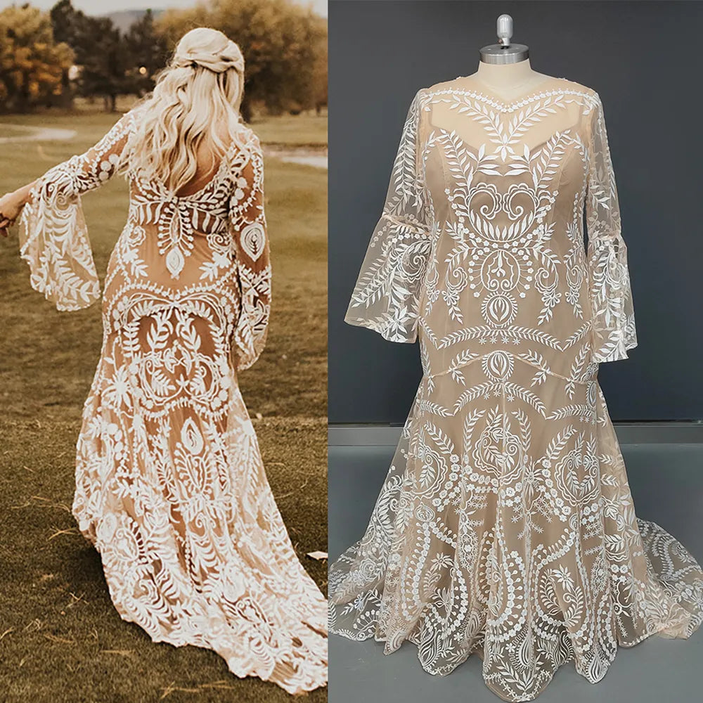 Stylish Clothes For Women Long Batwing Sleeves Lace Two Pieces Wedding Gowns Drop Ship Plus Size Custom Made Mermaid Rustic Open Back Boho Bridal Dress