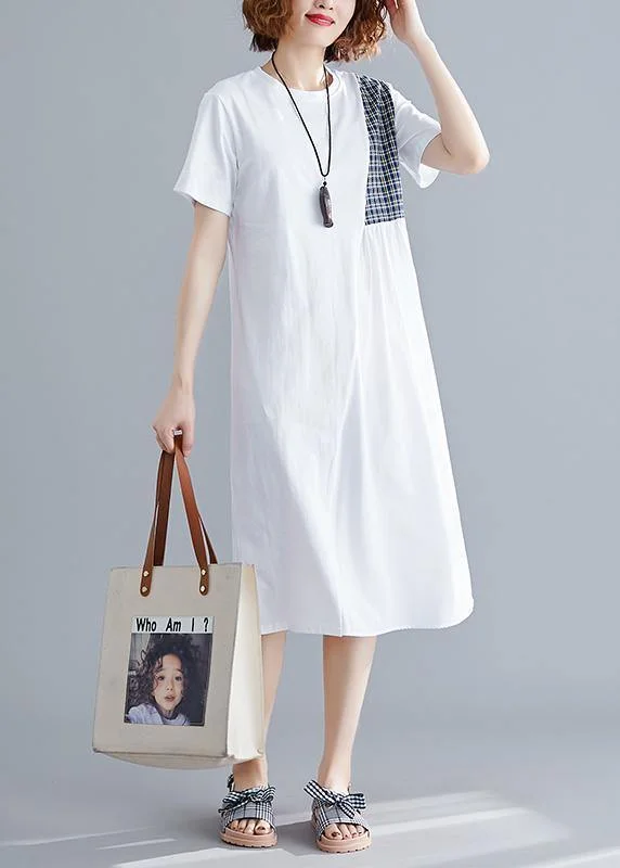 Women's Wardrobe Apparel French o neck patchwork Cotton Tunics Catwalk white Dresses summer