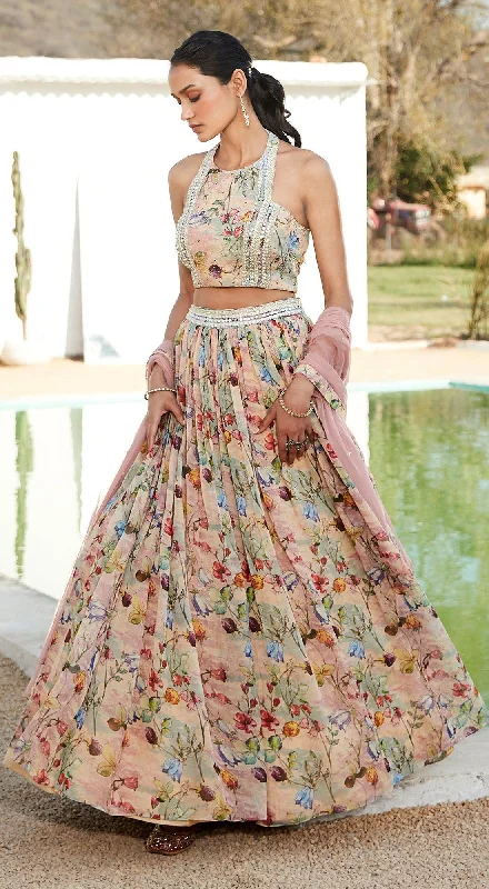 Women's Work Outfit For The Office Pink Floral Lehenga Set