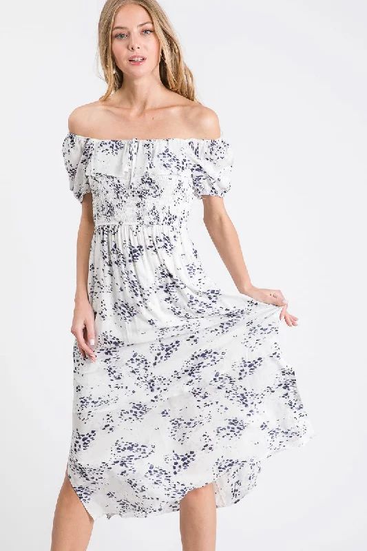 Women's Seasonal Fashion Trends NAVY RUFFLED OFF-SHOULDER SMOCKED MIDI DRESS SO3389D Women's Seasonal Fashion Trends NAVY RUFFLED OFF-SHOULDER SMOCKED MIDI DRESS SO3389D