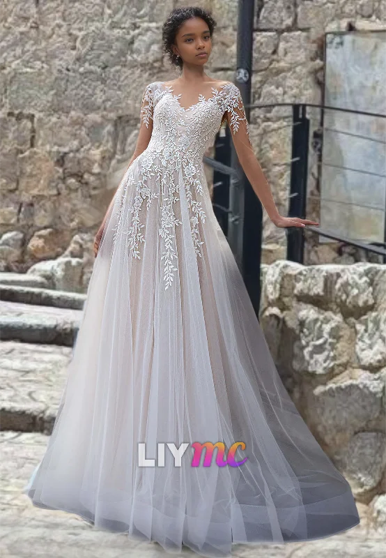 Women's Clothes For Outdoor Events V-Neck Long Sleeves Appliques Tulle A-Line Wedding Dress