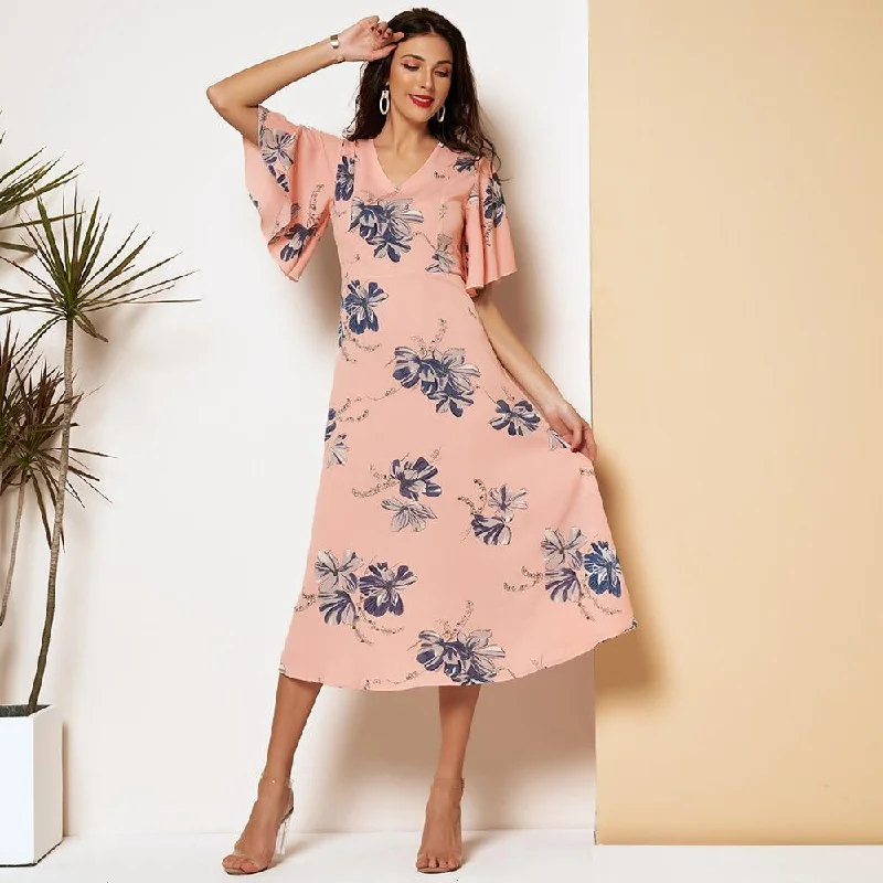 Huge Price Cut FashionSierra - New Summer Dress Women Pink Floral Printing V-neck Slim-fiitted Ruffle Short Sleeves A-line Thin Chiffon Sweet Midi Dresses Huge Price Cut FashionSierra - New Summer Dress Women Pink Floral Printing V-neck Slim-fiitted Ruffle Short Sleeves A-line Thin Chiffon Sweet Midi Dresses