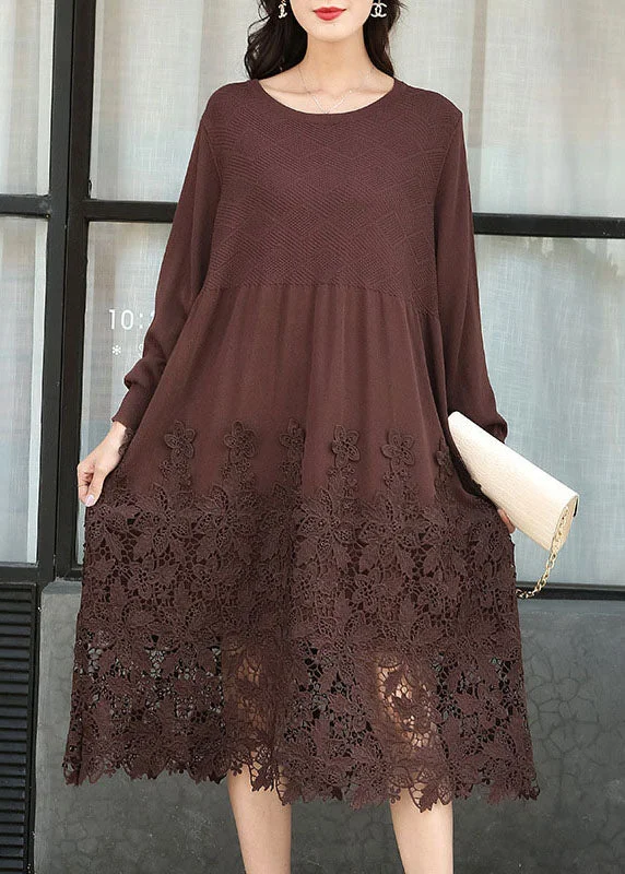 Affordable Women's Clothes Fashion Chocolate Embroideried Patchwork Knit Long Dresses Spring