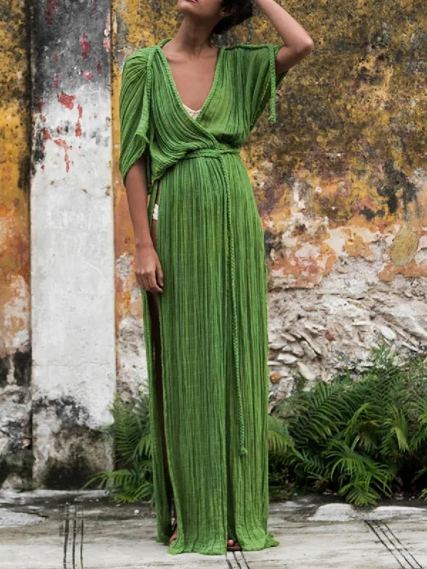 Best Online Boutiques Sexy Deep V-Neck Bat Sleeve Vintage Maxi Dress