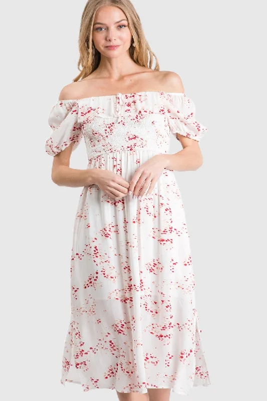 Women's Clothing for Every Occasion APRICOT RUFFLED OFF-SHOULDER SMOCKED MIDI DRESS SO3389D Women's Clothing for Every Occasion APRICOT RUFFLED OFF-SHOULDER SMOCKED MIDI DRESS SO3389D