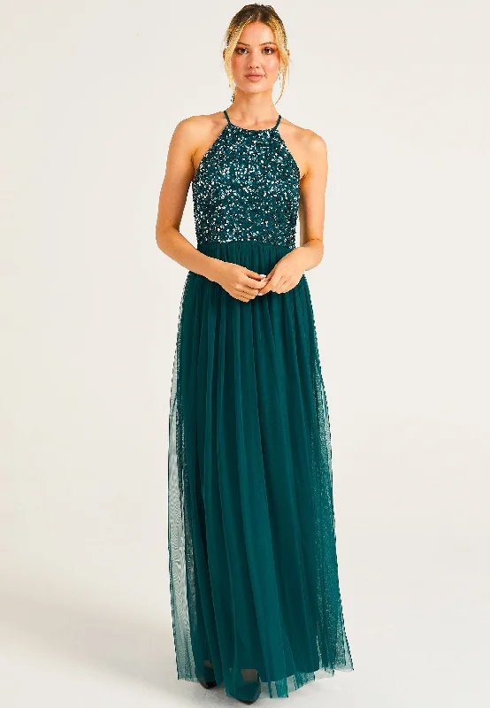 Women's High-Fashion Apparel Embellished Halter Neck Maxi Dress in Emerald Green