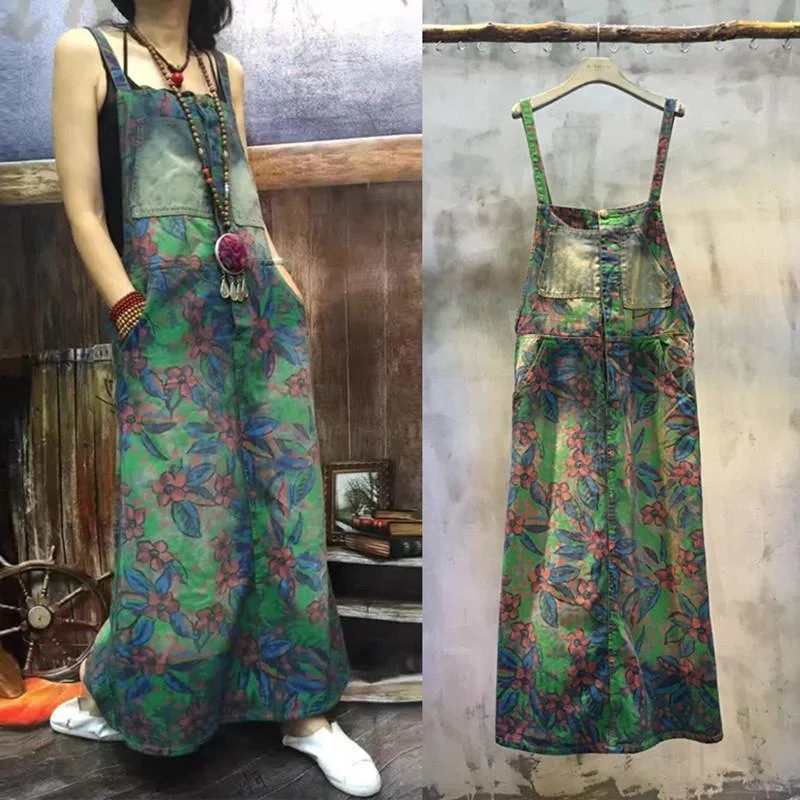 Women's Wardrobe Apparel Floral Long Denim Overall Dress