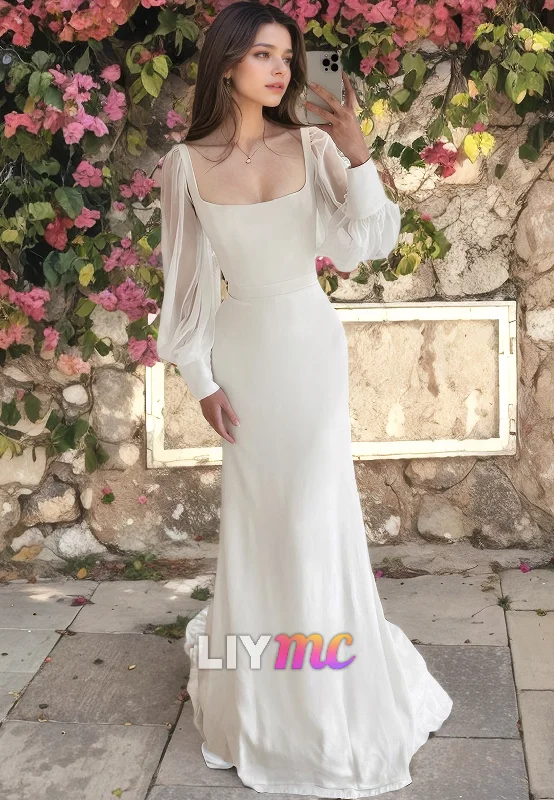 Affordable Women's Garments Square Long Sleeves Sleek Mermaid Beach Wedding Dress