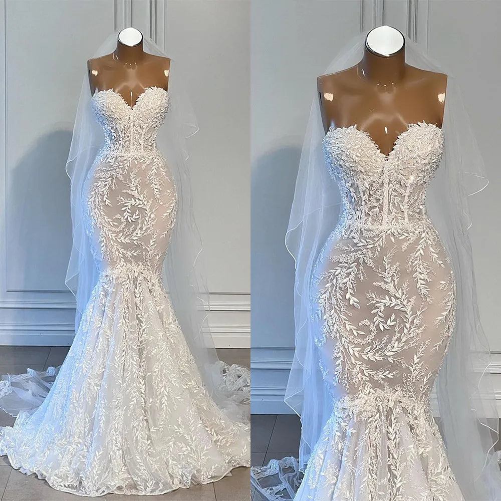 Women's Elegant Evening Outfit Glamorous Mermaid Wedding Dress Strapless Lace Appliques Bridal Gowns Custom Made Sleeveless Sweep Train Vestido de novia