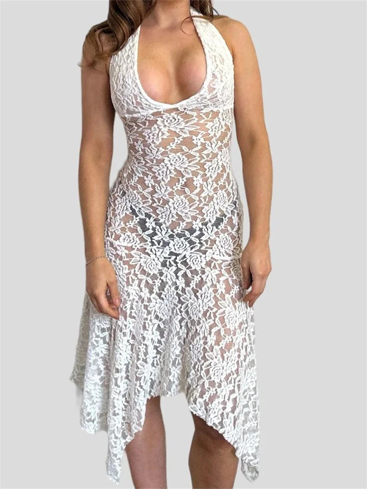 Timeless Women's Fashion Styles See-Through Party Halter Backless Off Shoulder Irregular Hem Midi Dress Timeless Women's Fashion Styles See-Through Party Halter Backless Off Shoulder Irregular Hem Midi Dress
