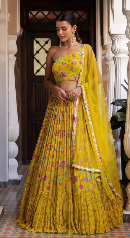 Women's Athletic Outfit Printed Yellow One Shoulder Lehenga Set