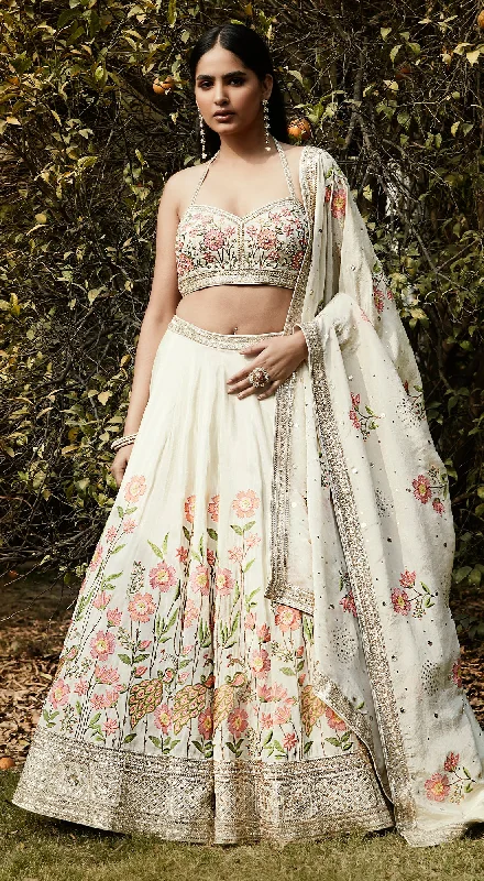 Women's Evening Garments Ivory Floral Embroidered Lehenga Set