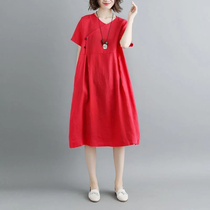 Women's Versatile Apparel boutique pure linen dresses plus size Retro Summer Short Sleeve Red Pockets Pleated Dress