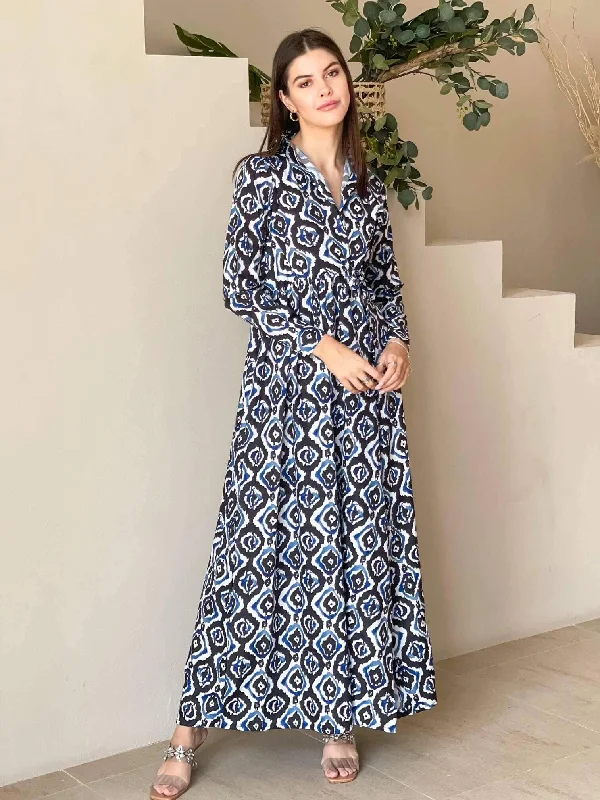 Women's Clothing Boutique Ikat Printed Long Dress