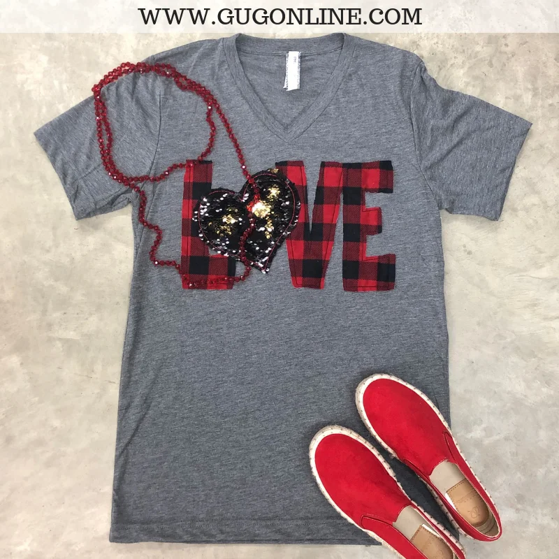 Gorgeous Glamour Collection Last Chance Size Small | When Love Sparkles Buffalo Plaid Short Sleeve Tee with Sequin Heart in Heather Grey Gorgeous Glamour Collection Last Chance Size Small | When Love Sparkles Buffalo Plaid Short Sleeve Tee with Sequin Heart in Heather Grey
