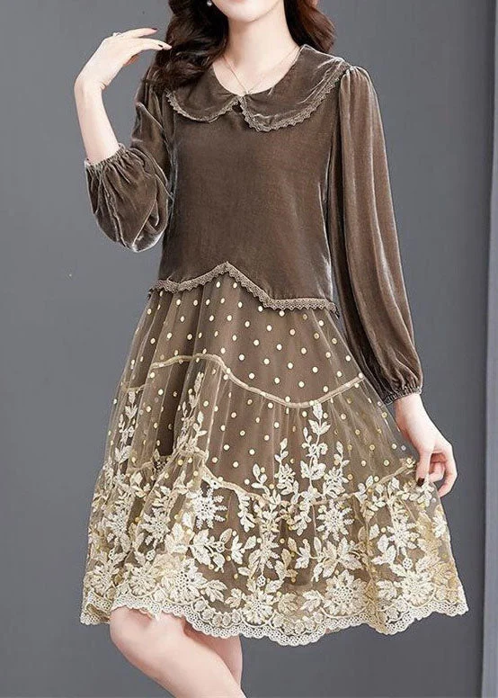 Modern Women's Attire French Chocolate Embroideried Patchwork Velour Long Dresses Winter