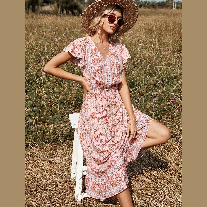 Women's Evening Outfit Boho Floral Maxi Dress, Bohemian Summer Dress For Women