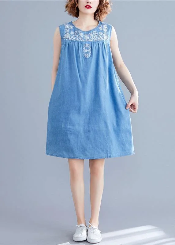 Women's Seasonal Garments DIY sleeveless embroidery Cotton clothes Women Work denim blue Dresses summer