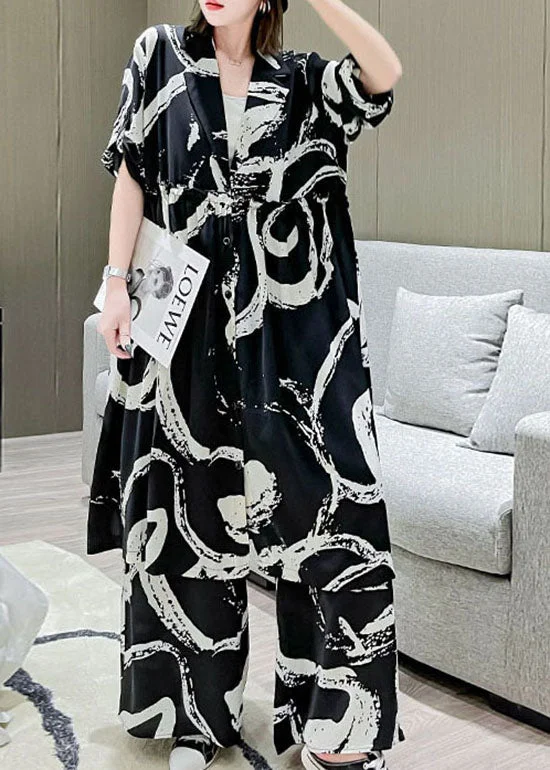 Women's Trendy Outfits Handmade Black V Neck Cinched print Silk tops wide leg pants Two Piece Set Outfits Spring Women's Trendy Outfits Handmade Black V Neck Cinched print Silk tops wide leg pants Two Piece Set Outfits Spring