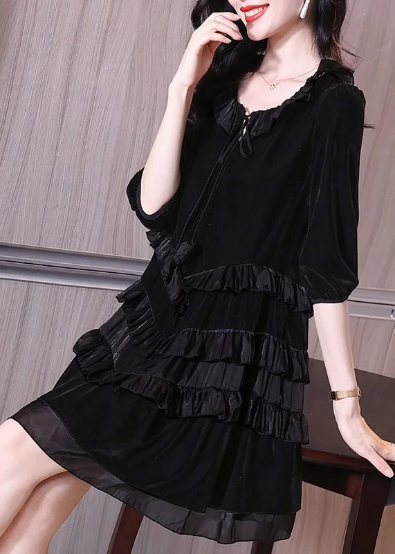 Women's Active Garments For Workouts Italian Black Ruffled Lace Up Patchwork Velour Mid Dress Half Sleeve