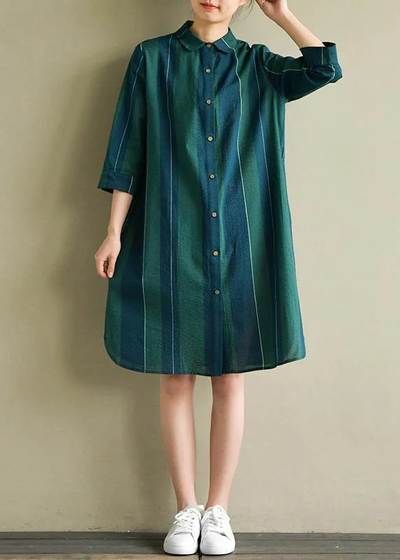 Women's Trendy Apparel Unique blue green striped Cotton dresses lapel side open summer Dress