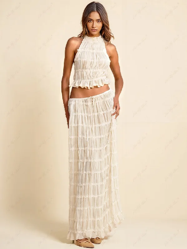 Women's Fashionable Clothing Sets Charm Pleated Drawstring Charming Waist Tiered Maxi Skirt