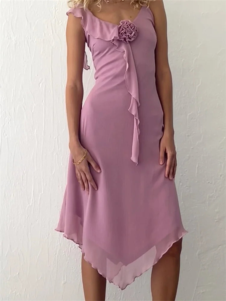 Casual Style for Busy Women Sleeveless Strap Summer Ruffles Flowers Party Irregular Hem Midi Dress Casual Style for Busy Women Sleeveless Strap Summer Ruffles Flowers Party Irregular Hem Midi Dress