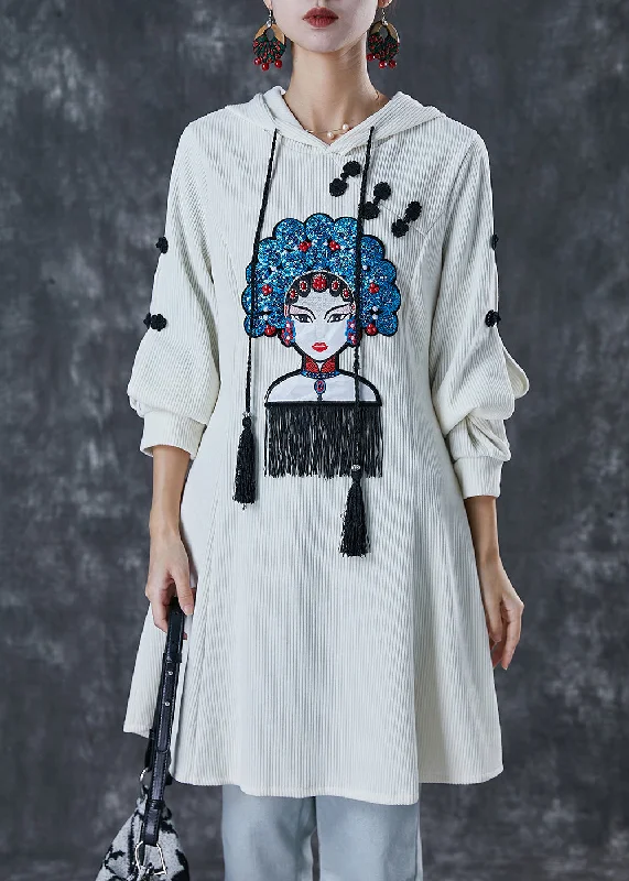 Classic Women's Clothing Styles Handmade White Sequins Tasseled Cotton Oriental Dresses Spring