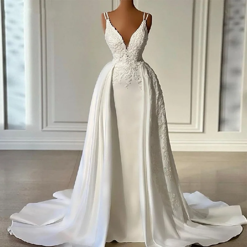 Affordable Women's Clothes Elegant V Neck Mermaid Satin Wedding Dresses Sleeveless Floor Length Beaded Bridal Gowns with Detachable Train