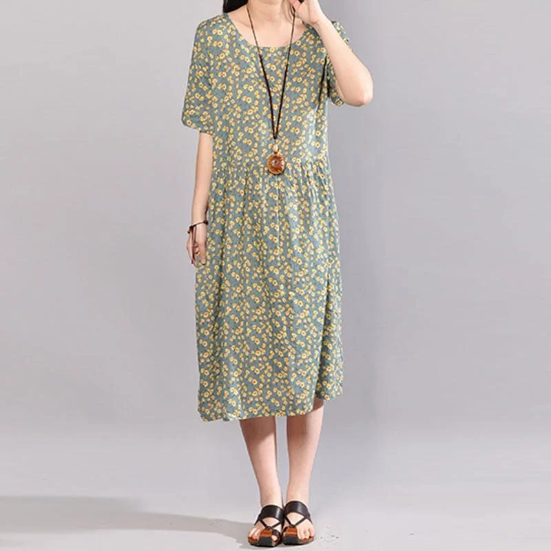 Women's Vacation Clothes vintage long cotton dresses trendy plus size Floral Printed Dresses Round Neck Short Sleeve Dress