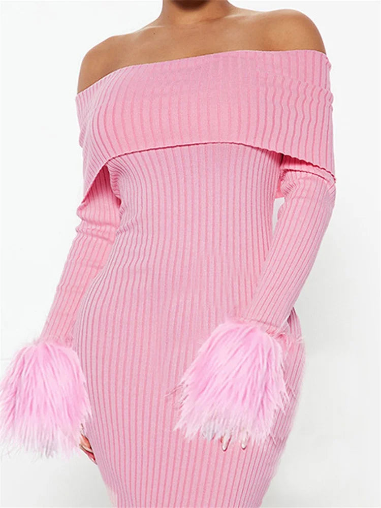 Hot Deals Knitted Long Sleeve Off-Shoulder Fur Patchwork Ribbed Bodycon Midi Dress