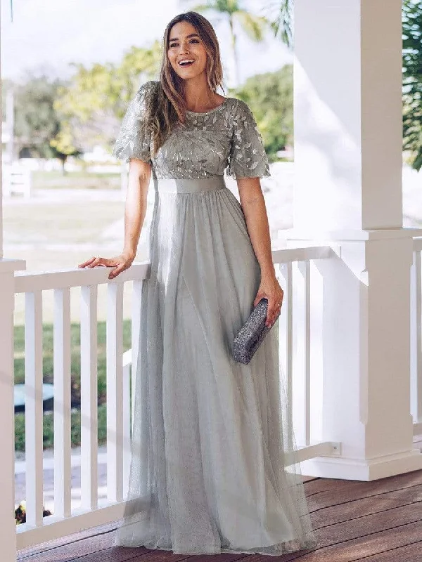 Women's Holiday Clothing Women's A-Line Short Sleeve Embroidery Floor Length Evening Dresses