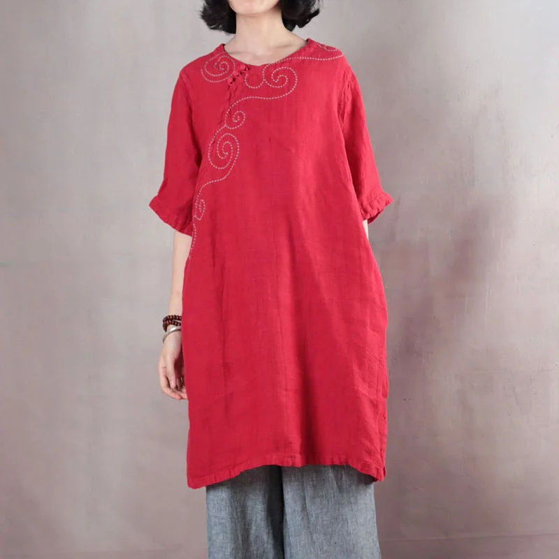 Women's Chic Outerwear Attire Elegant red pure linen tops plus size linen t shirt boutique half sleeve embroidery fabric O neck linen clothing tops