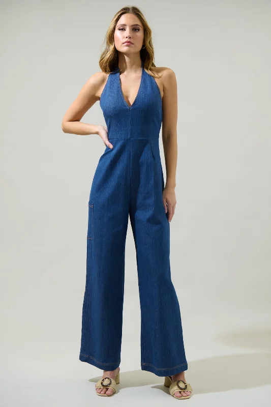 Fashionable Women's Clothing Delia Denim Nixi Halter Neck Jumpsuit