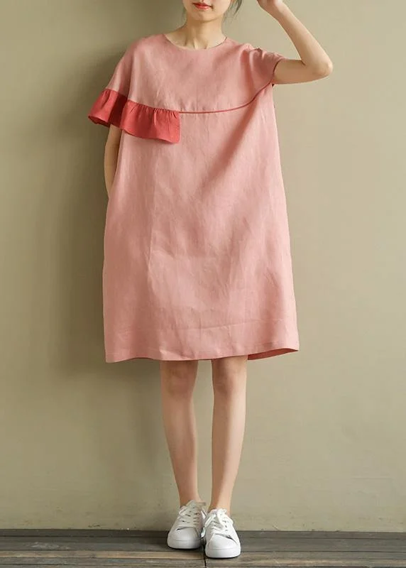 Casual Apparel For Women Italian pink linen Wardrobes o neck patchwork baggy summer Dress