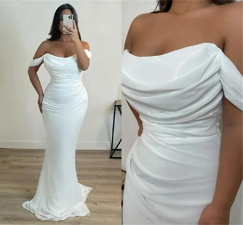 Chic Clothes For Women Arabic Evening Dresses for Wedding Party Off the Shoulder White Pleats Chiffon Mermaid Formal Celebrity Prom Gowns