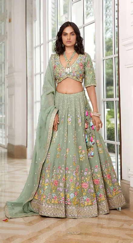 Women's Transitional Attire Green Embroidered  Lehenga Set