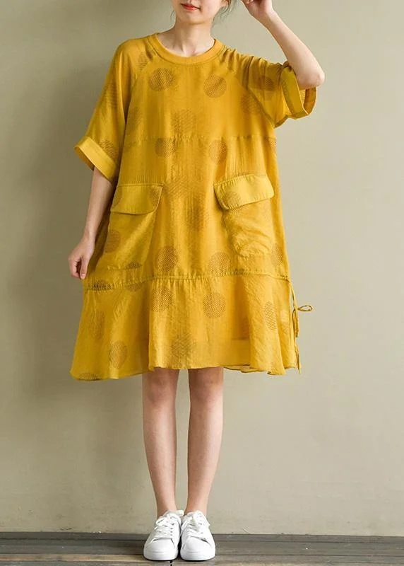 Women's Professional Outfit French yellow dotted linen chiffon blended dresses o neck drawstring baggy summer Dress