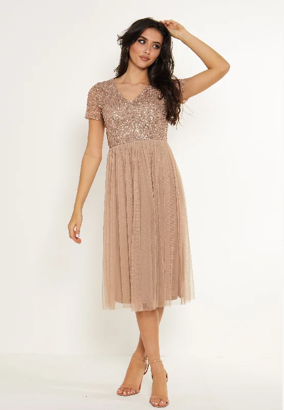 Women's Work Outfit For The Office Embellished Sequin Baby Doll Midi Dress in Taupe