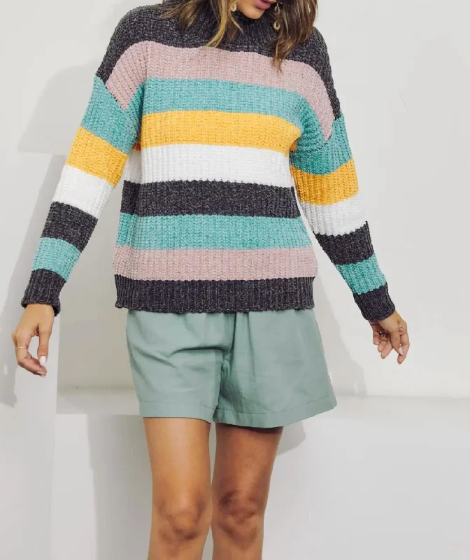 Timeless Women's Clothing Colorblock Panel Knit Sweater In Rainbow Combo