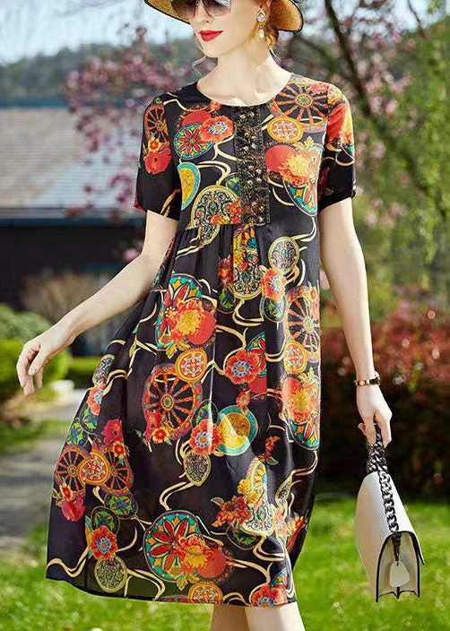 Women's Formal Event Clothing Vintage Black O-Neck Print Wrinkled Silk Mid Dresses Short Sleeve