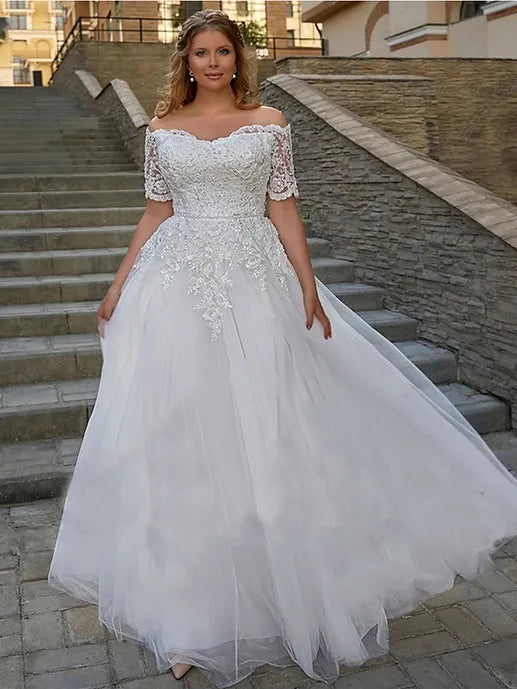 Classic Clothes For Women Elegant Boho Wedding Dresses For Woman Short Sleeves Off Shoulder Lace Applique Bride Gowns Boat Neck Plus Size