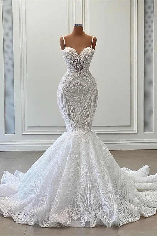 Chic Women's Outfit Luxury Lace Mermaid Wedding Dresses Spaghetti Straps Sweetheart Sparkle Bridal Gowns Elegant Robe de Mariée Engagement