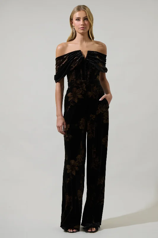 Women's Vacation Outfit Ace Floral Love Velvet Off the Shoulder Jumpsuit