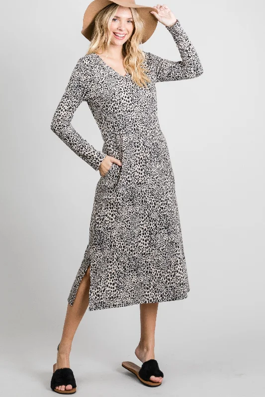 Seasonal Picks BEIGE LEOPARD BRUSH RIB LONG SLEEVES MIDI DRESS SO3423D