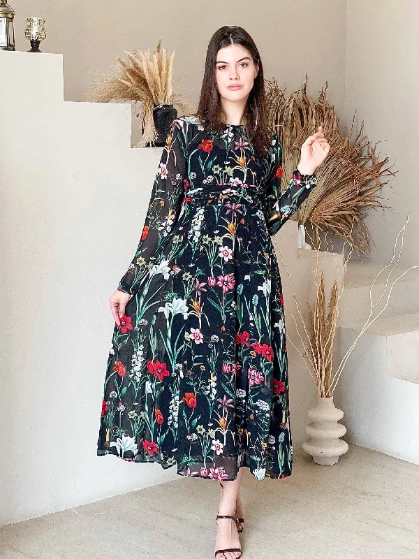 Women's Evening Wear Black Rose Long Dress