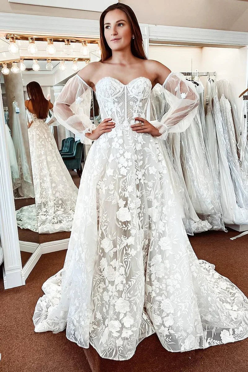 Fashion Sale Ivory Lace A-Line Detachable Long Sleeves Corset Sweetheart Wedding Dress